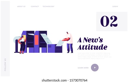 Newspaper Production Process in Typography Website Landing Page. Print House Workers Working with Printing Machine, Press Media Industry Business Web Page Banner. Cartoon Flat Vector Illustration