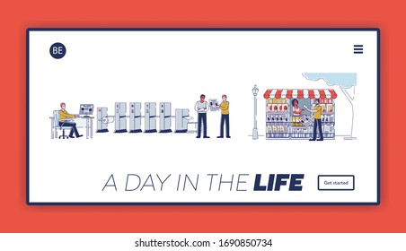 Newspaper Production Process. Website Landing Page. People Work In Printing House, Create Of Template, Print With Machine And Get Fresh Newspapers. Web Page Cartoon Linear Outline Vector Illustration
