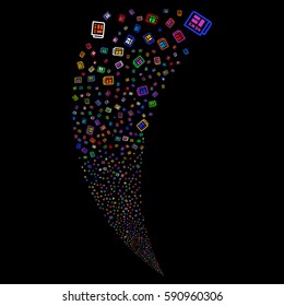 Newspaper random fireworks stream. Vector illustration style is flat bright multicolored iconic symbols on a black background. Object fountain combined from scattered design elements.