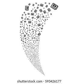 Newspaper random fireworks stream. Vector illustration style is flat black iconic symbols on a white background. Object fountain constructed from scattered pictographs.
