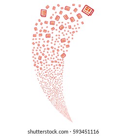 Newspaper random fireworks stream. Vector illustration style is flat intensive red and orange iconic symbols on a white background. Object fountain combined from scattered pictographs.
