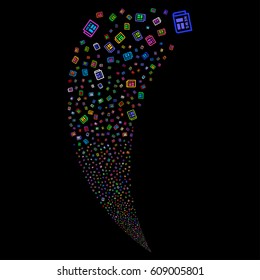 Newspaper random fireworks stream. Vector illustration style is flat bright multicolored iconic symbols on a black background. Object fountain combined from scattered icons.