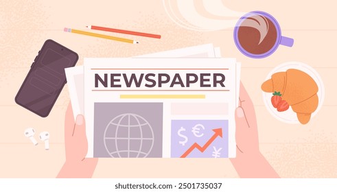 Newspaper read. Reading publications in press at breakfast. Daily or weekly news. Person hold newspaper and drink coffee, cartoon racy vector scene