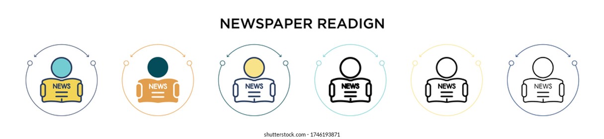 Icono de lectura de periódico en estilo relleno, delgado, contorno y trazo. Ilustración vectorial de dos diseños de iconos vectoriales de lectura de periódicos de color y negro para móviles, ui, web