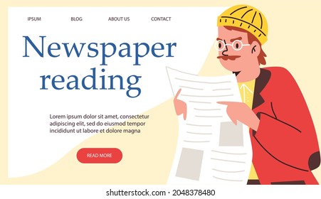 Newspaper reading concept of web page, cartoon flat vector illustration. Print edition, news publication and traditional mass media landing page template.