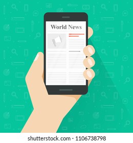 Newspaper reading on smartphone vector illustration, flat cartoon person hand read world news magazine on mobile phone or cellphone