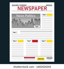 Newspaper. Realistic daily newspaper template with pagination and news. Vector illustration of a newspaper isolated on dark. Vector.