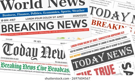 Jornal. Vetor realista ilustração fundo do título da página e capa do antigo layout do jornal.