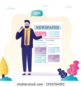 Newspaper reporter tells breaking news. Journalist with microphone. Male character works in press. Newspaper employee collects information for publication. Trendy flat vector illustration