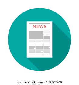 Newspaper round icon with long shadow. Flat design style. Newspaper simple silhouette. Modern circle icon in stylish colors. Web site page and mobile app design vector element.