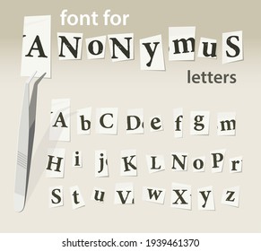 Newspaper scraps font for anonymous letters and messages. Vector illustration. Text cut from a newspaper laid out with tweezers.