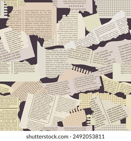 Newspaper scraps. Seamless pattern. Black background. Vector illustration. Front view. Close up