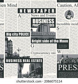 El periódico sigue un patrón sin fisuras con titulares, ilustraciones e imitación de texto. Vector repitiendo fondo con texto negro e imágenes en escala de grises. Adecuado para papel de pared, papel de envoltura, diseño de tela