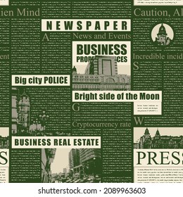 Newspaper seamless pattern with headlines, illustrations and illegible text on a dark backdrop. Retro-style vector background with newspaper or magazine pages. Wallpaper, wrapping paper, fabric design