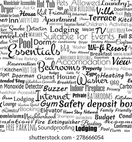 Newspaper seamless pattern of words related to accomodation. Vector illustration.