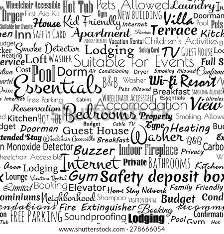 Newspaper seamless pattern of words related to accomodation. Vector illustration.