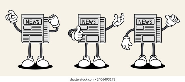 Newspaper set mascot of 70s groovy. Collection of cartoon,retro, groovy characters. Vector illustration.