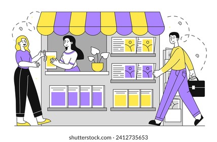 Concepto lineal de la tienda de periódicos. Hombre y mujer cerca de parados con noticias e información. Vendedor con clientes. Medios masivos y conocimiento. Ilustración del vector plano Doodle aislada en fondo blanco