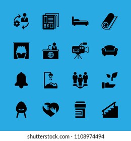 newspaper, shower, pills, shaking hands inside a heart, news reporter, stairs, sofa, carpet and bed vector icon. Simple icons set