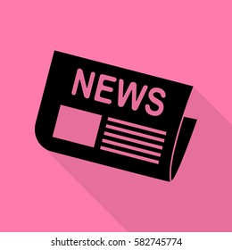 Newspaper sign. Black icon with flat style shadow path on pink background.