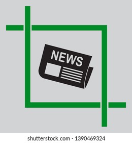Newspaper sign. Black icon inside green crop tool at light gray background