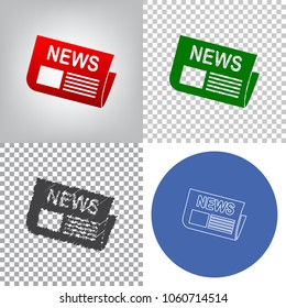 Newspaper sign. Vector. 4 styles. Red gradient in radial lighted background, green flat and gray scribble icons on transparent and linear one in blue circle.