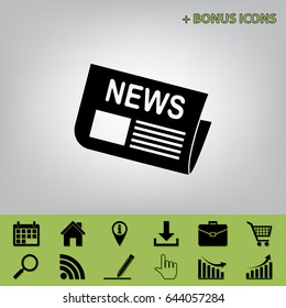 Newspaper sign. Vector. Black icon at gray background with bonus icons