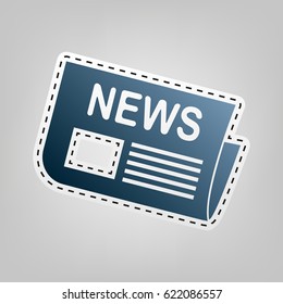 Newspaper sign. Vector. Blue icon with outline for cutting out at gray background.