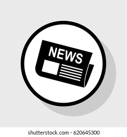 Newspaper sign. Vector. Flat black icon in white circle with shadow at gray background.