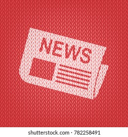 Newspaper sign. Vector. Knitted white icon on a red knitted background.