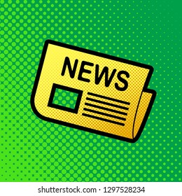 Newspaper sign. Vector. Pop art orange to yellow dots-gradient icon with black contour at greenish background.