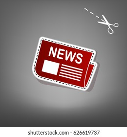 Newspaper sign. Vector. Red icon with for applique from paper with shadow on gray background with scissors.