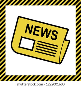 Newspaper sign. Vector. Warm yellow icon with black contour in frame named as under construction at white background. Isolated.