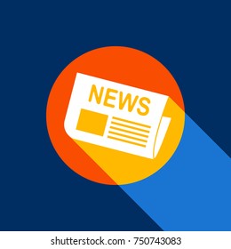 Newspaper sign. Vector. White icon on tangelo circle with infinite shadow of light at cool black background. Selective yellow and bright navy blue are produced.