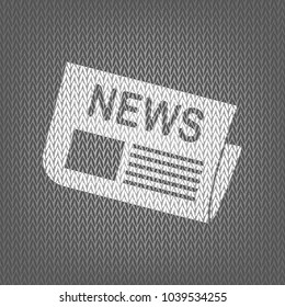 Newspaper sign. Vector. White knitted icon on gray knitted background. Isolated.