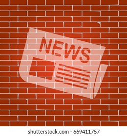 Newspaper sign. Vector. Whitish icon on brick wall as background.