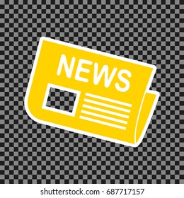 Newspaper sign. Vector. Yellow icon with white contour on dark transparent background.