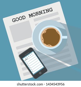 newspaper smart phone and coffee vector flat style