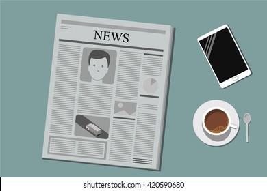 newspaper smart phone and coffee vector flat style