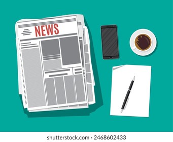 Newspaper, smartphone, paper blank with pen and coffee cup. Vector illustration in flat style