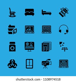 newspaper, solar panel, bed, xylophone, fuel, closet, headphones, bed and rocking chair vector icon. Simple icons set