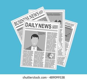 Newspaper Stack Icon In Flat Design On Blue Background. World News Magazine, Paper Pile, Journal Heap, Vector Illustration