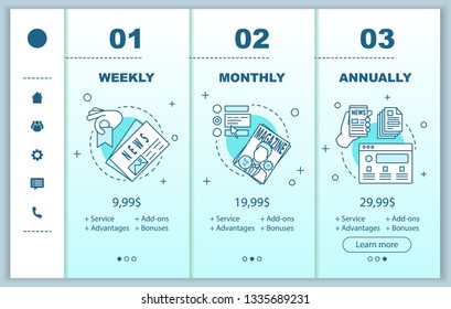 Newspaper subscription onboarding mobile app screens with service prices. Periodical publications walkthrough website pages templates. Weekly, monthly tariff plans steps. Smartphone payment web layout