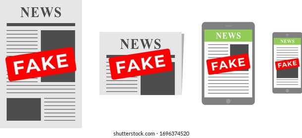 newspaper, tablet and phone with fake news
