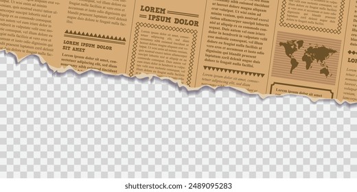 A newspaper with a tattered edge. Torn a half sheet of old paper from the bottom. Isolated background. Template for your design. Ready for your message. Vector illustration. Front view. Banner