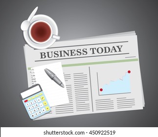 newspaper and tea with blank paper and pen, and calculator
