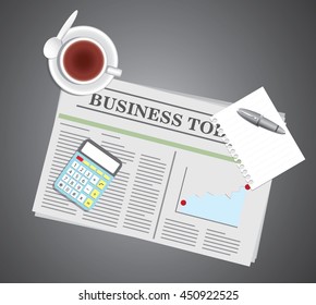 newspaper and tea with blank paper and pen, and calculator