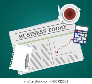 newspaper and tea with blank paper and pen, and calculator
