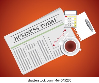 newspaper, tea cup,  blank paper and pen  with calculator