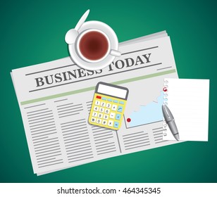newspaper, tea cup,  blank paper and pen  with calculator